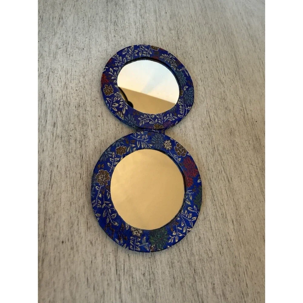 Vintage Style Blue Red Silk Metallic Gold Brocade Pocket Compact Mirror Floral